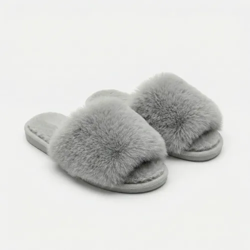 Жіночі пухнасті капці сірі з хутром. М'які домашні шльопанці відкриті (36-41) 38