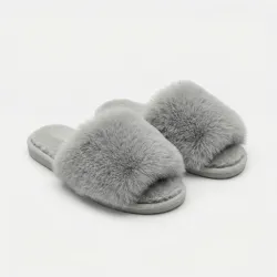 Жіночі пухнасті капці сірі з хутром. М'які домашні шльопанці відкриті (36-41) 41