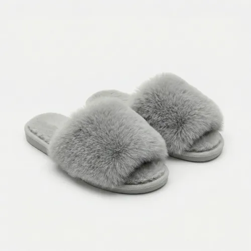 Жіночі пухнасті капці сірі з хутром. М'які домашні шльопанці відкриті (36-41) 41