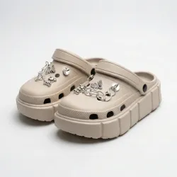 Жіночі крокси на платформі бежеві (37-41). Сабо з ланцюжками та стразами 
