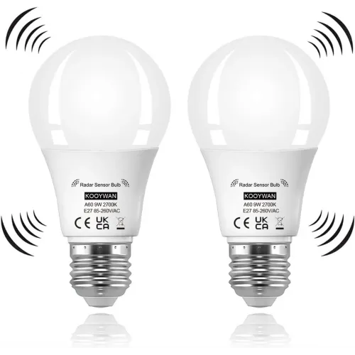 KOOYWAN Розумна LEDлампа E27 з радарним датчиком руху, від заходу сонця до світанку, 9 Вт, 2700 K з автоматичним вмик/вимк