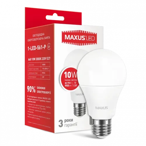 Лампа MAXUS світлодіодна A 60 220v 10w 3000K E27 1-LED-775