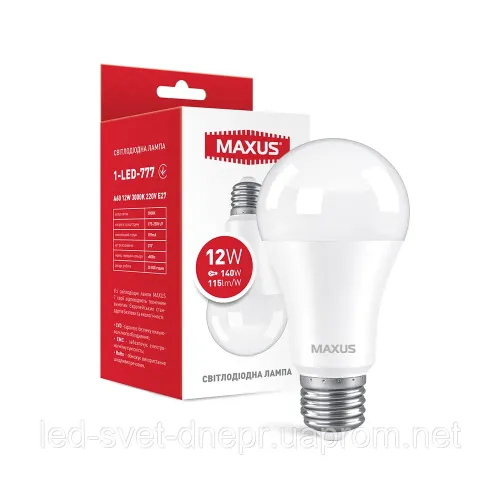 Лампа світлодіодна MAXUS 1-LED-777 A60 12 W 3000 K 220 V E27 (1-LED-777)