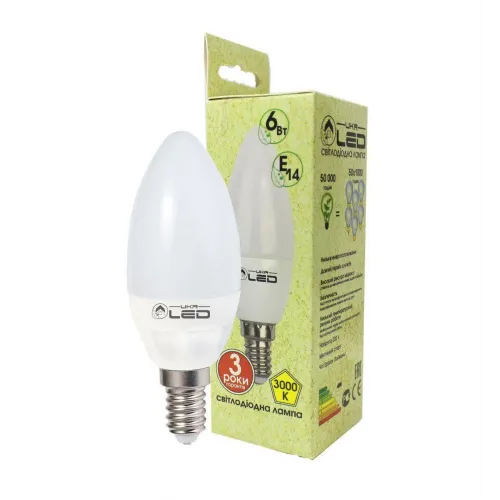 Світлодіодна лампа UkrLed Е14 6 W (Свічка) 3000 К